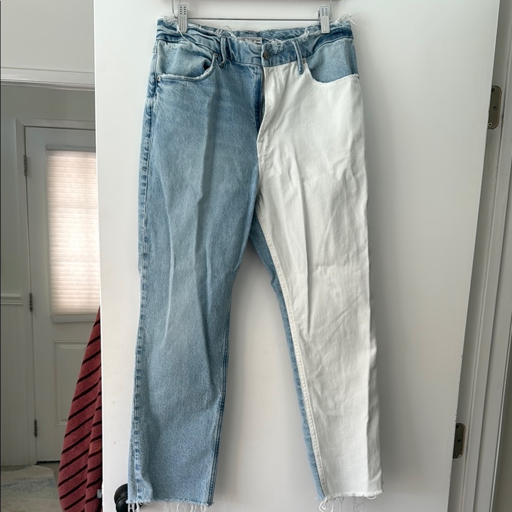 Good American Blue and White Straight Jeans
